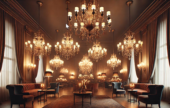 dimmed room with chandeliersjpg